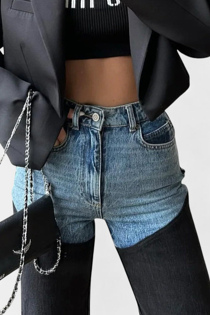 Mila Jeans Tiro Alto Patchwork Pierna Recta Sin Elastano