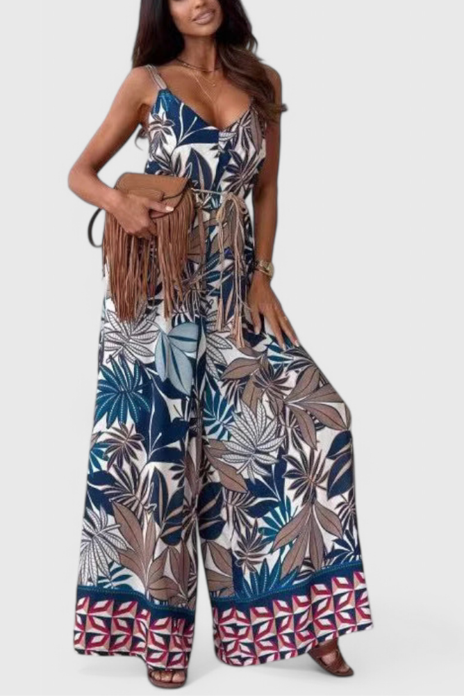 Isabela Mono De Pierna Ancha Con Escote En V Estampado