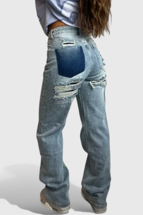 Roxie Jeans Cintura Alta Patchwork Trasero Desgastado