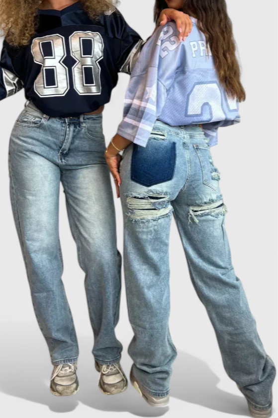Roxie Jeans Cintura Alta Patchwork Trasero Desgastado