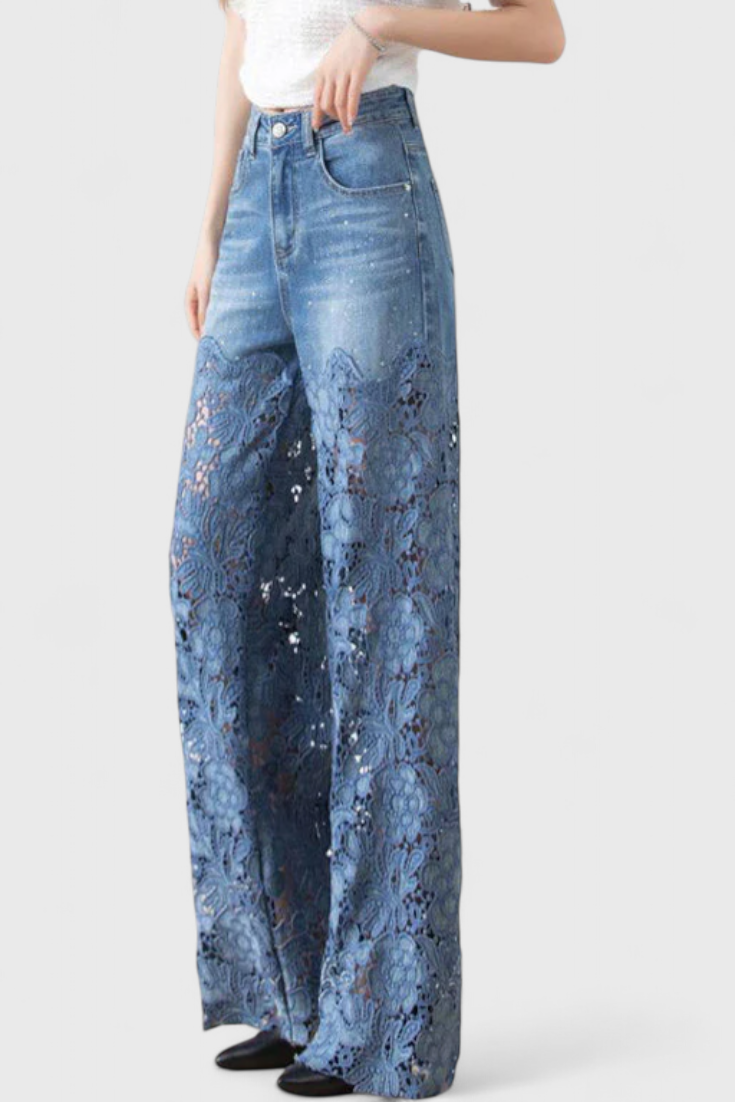 Janet Pantalón Palazzo Denim Con Encaje Bordado Floral