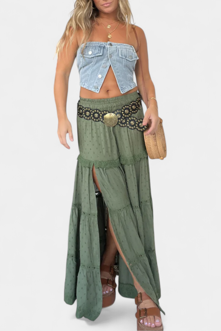 Dalia Falda Maxi Boho Con Encaje Y Abertura Frontal