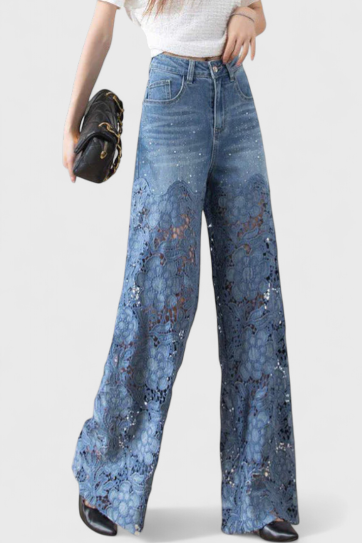 Janet Pantalón Palazzo Denim Con Encaje Bordado Floral