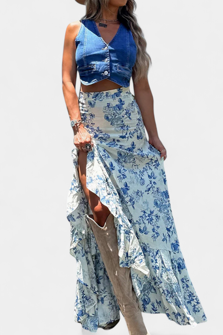Luna Falda Maxi Floral Azul Con Abertura Y Volantes Estilo