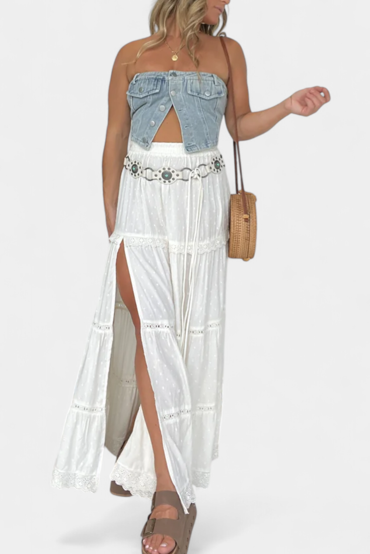Dalia Falda Maxi Boho Con Encaje Y Abertura Frontal