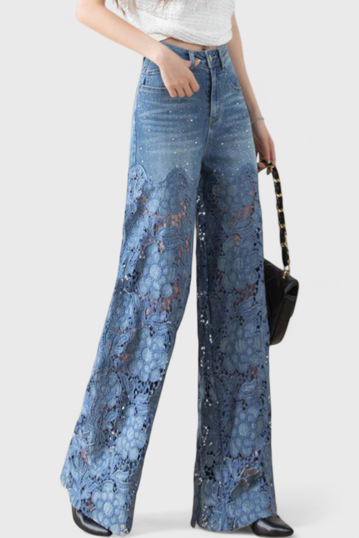 Janet Pantalón Palazzo Denim Con Encaje Bordado Floral