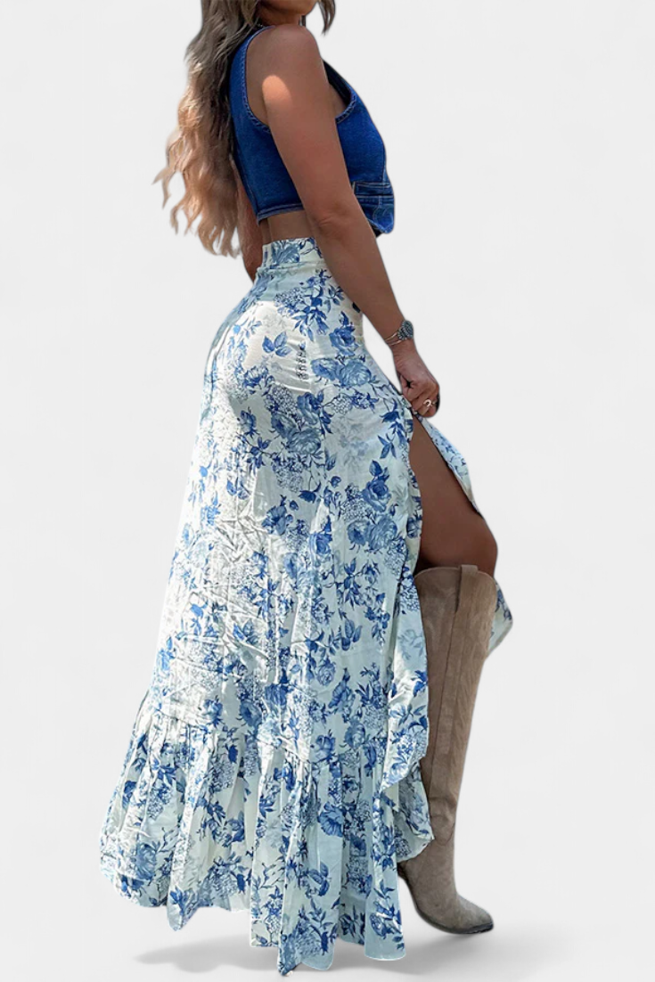 Luna Falda Maxi Floral Azul Con Abertura Y Volantes Estilo