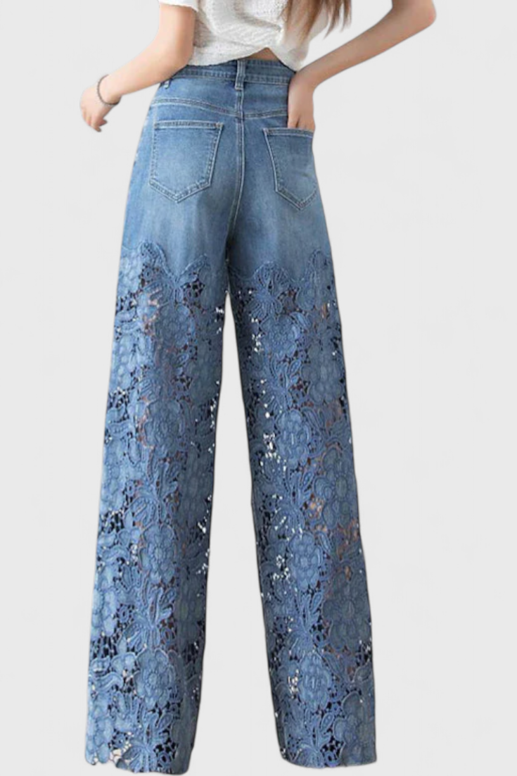 Janet Pantalón Palazzo Denim Con Encaje Bordado Floral