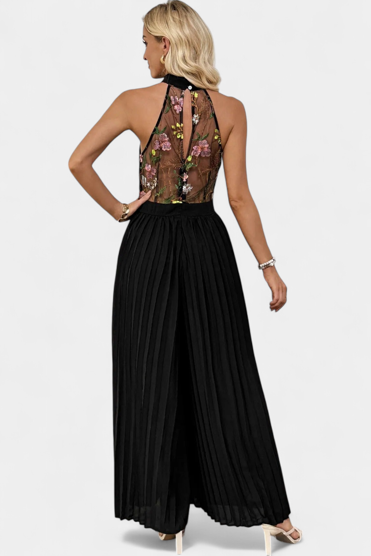 Lucía Mono Palazzo Bordado Floral Con Encaje Transparente