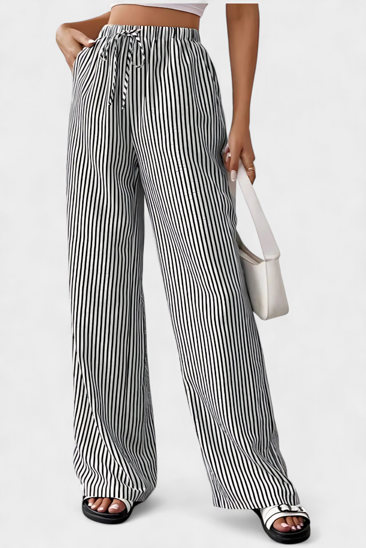 Sabina Pantalón Recto Con Cintura Ajustable Rayado Casual