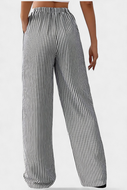 Sabina Pantalón Recto Con Cintura Ajustable Rayado Casual