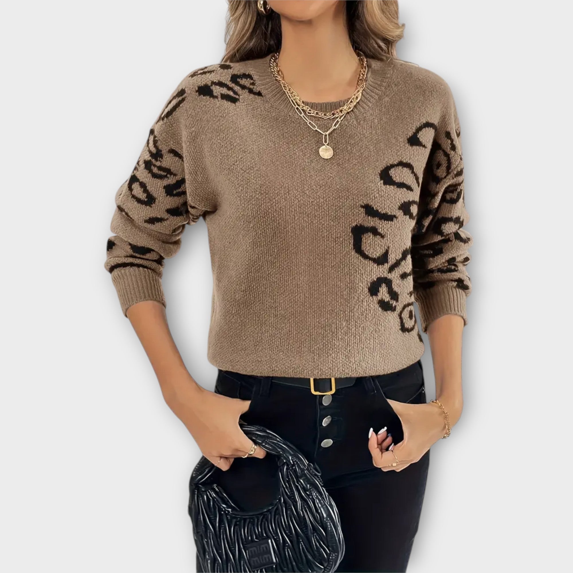 Elena Suéter Mujer Estampado Leopardo Gris Rosa Moderno
