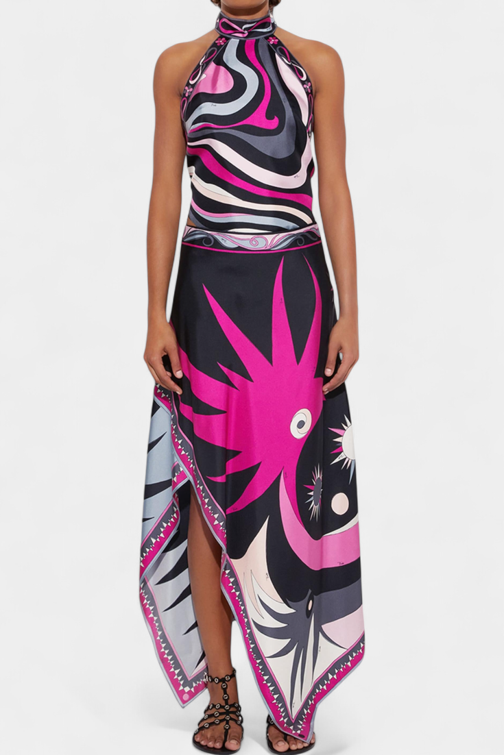 Celina Conjunto Satén Falda A Y Top Halter Rosa Abstracto