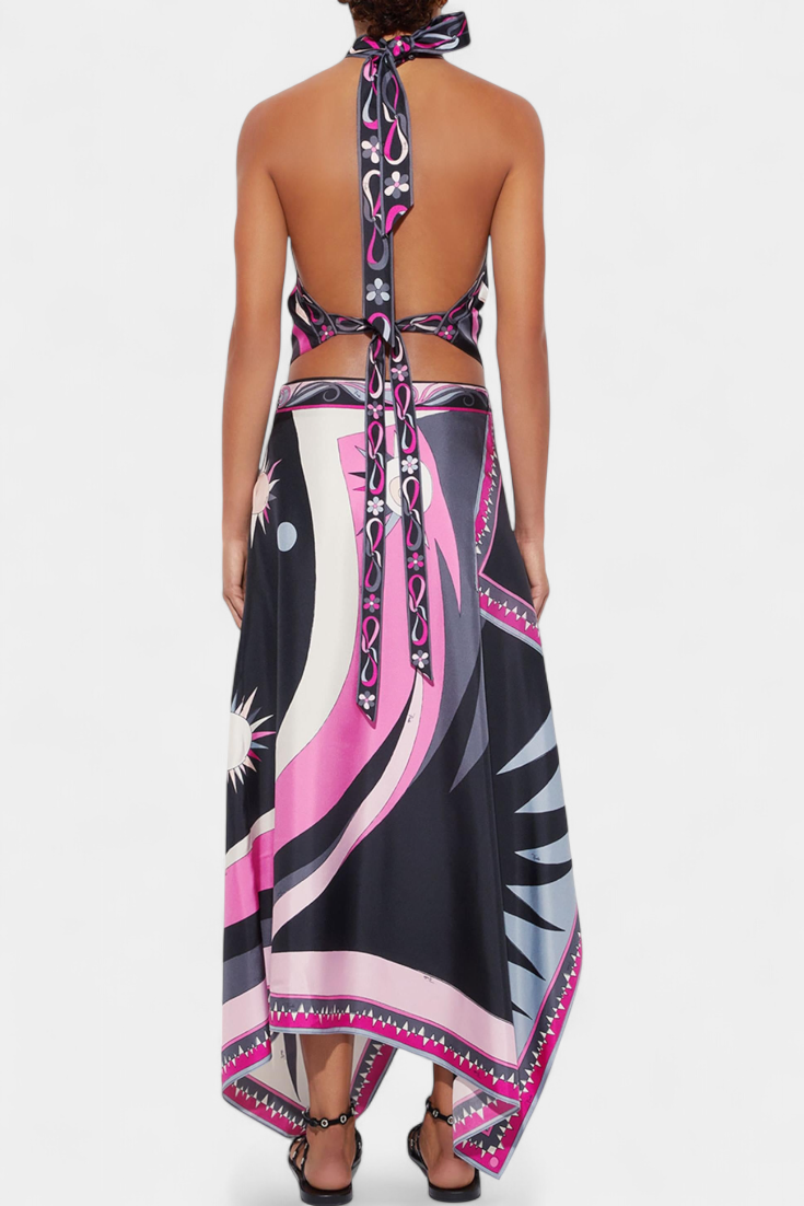 Celina Conjunto Satén Falda A Y Top Halter Rosa Abstracto