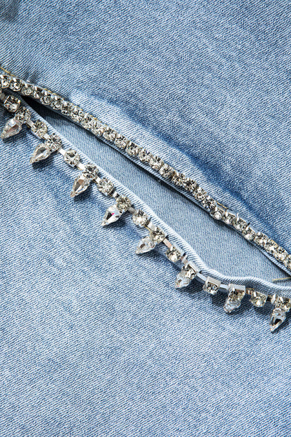 Evelyn Jeans Rectos Rasgados Con Rhinestones Desgastados
