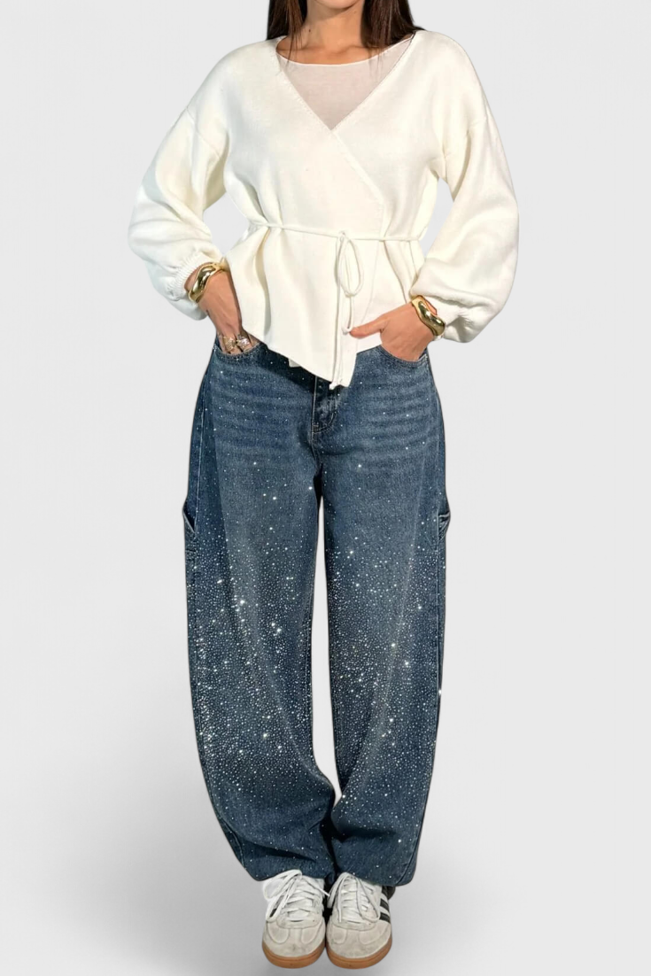 Dalia Jeans Pantalón Cargo Balloon Con Brillo y Pedrería
