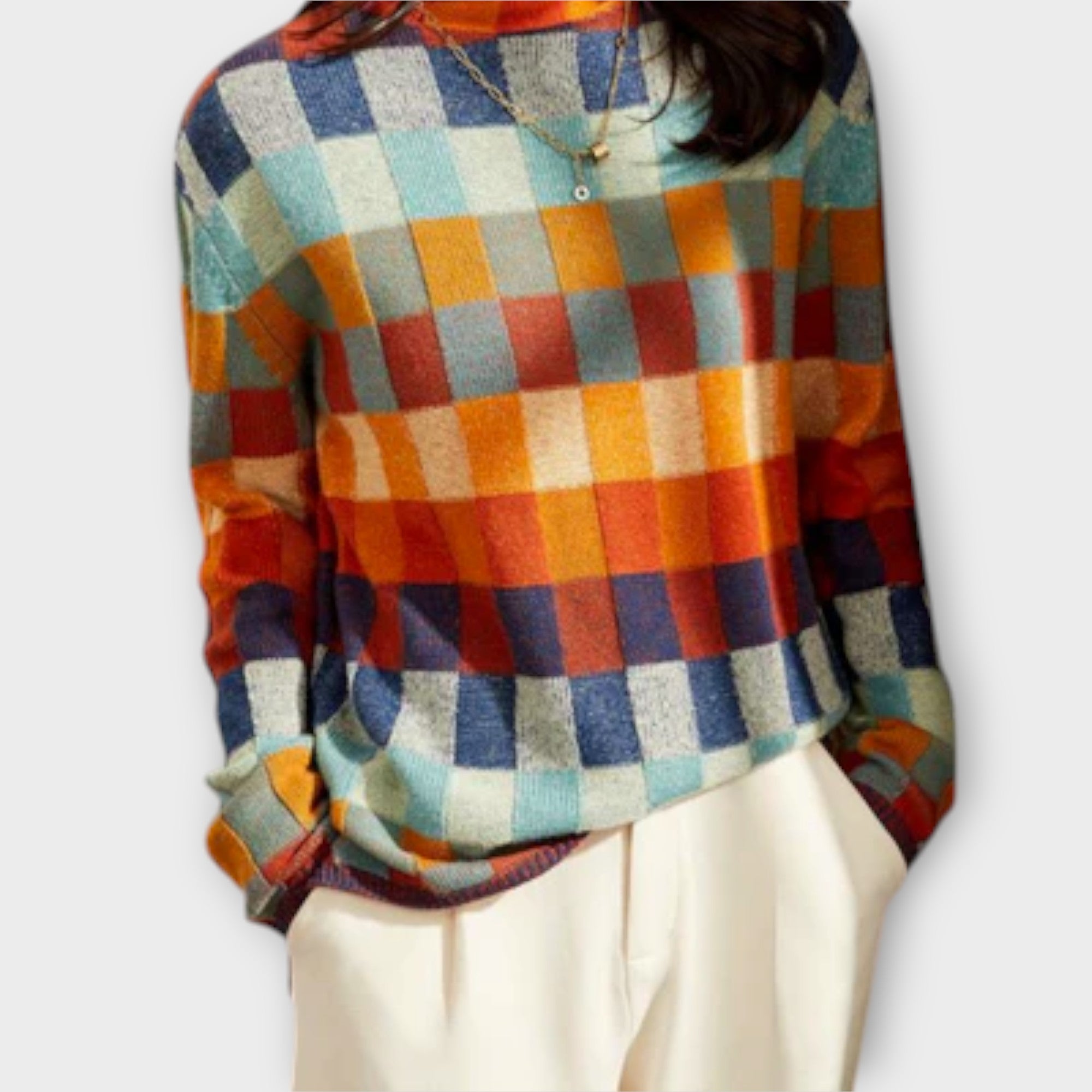 Eline Suéter Patchwork Cuello Alto Punto Femenina Casual