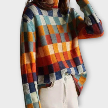 Eline Suéter Patchwork Cuello Alto Punto Femenina Casual