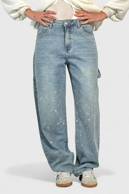 Dalia Jeans Pantalón Cargo Balloon Con Brillo y Pedrería