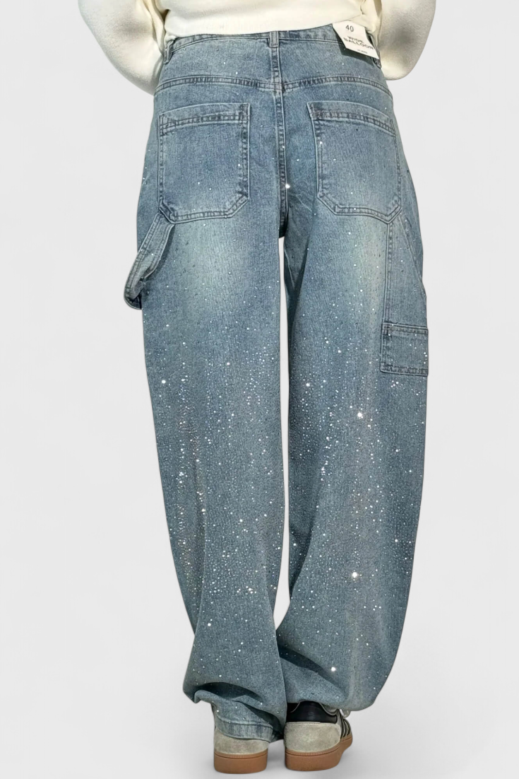 Dalia Jeans Pantalón Cargo Balloon Con Brillo y Pedrería