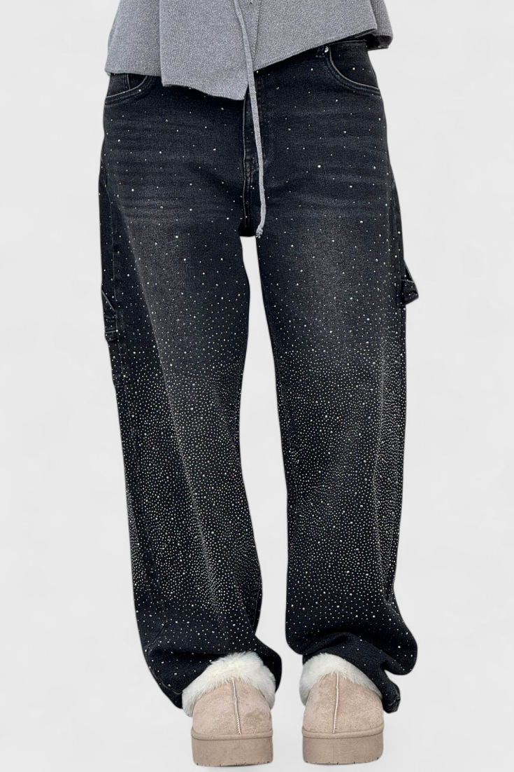 Dalia Jeans Pantalón Cargo Balloon Con Brillo y Pedrería