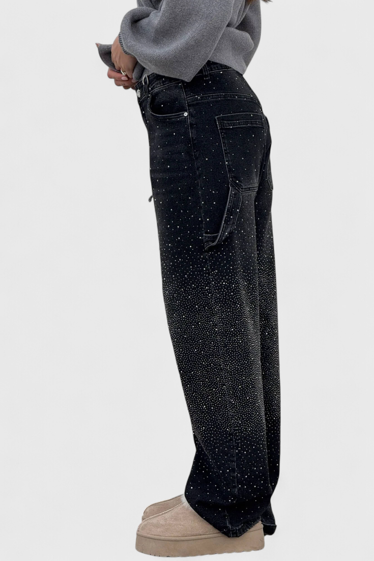 Dalia Jeans Pantalón Cargo Balloon Con Brillo y Pedrería
