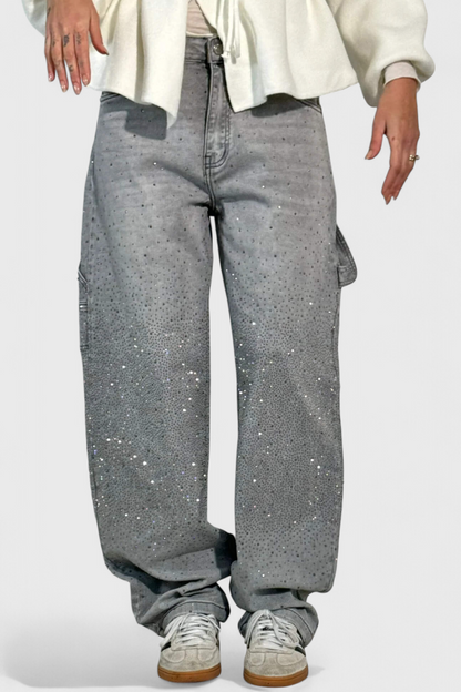 Dalia Jeans Pantalón Cargo Balloon Con Brillo y Pedrería