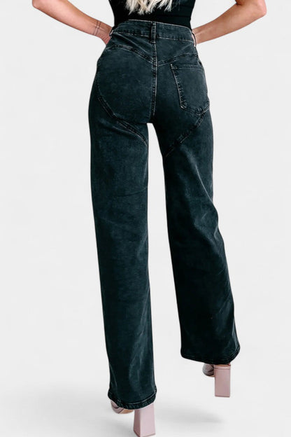 Evelyn Jeans Rectos Rasgados Con Rhinestones Desgastados