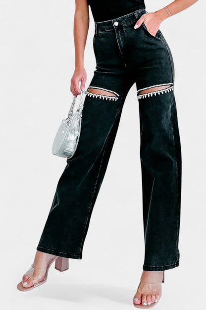 Evelyn Jeans Rectos Rasgados Con Rhinestones Desgastados