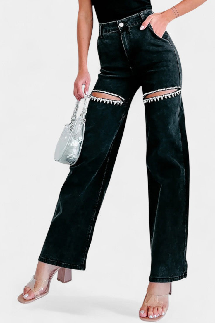 Evelyn Jeans Rectos Rasgados Con Rhinestones Desgastados
