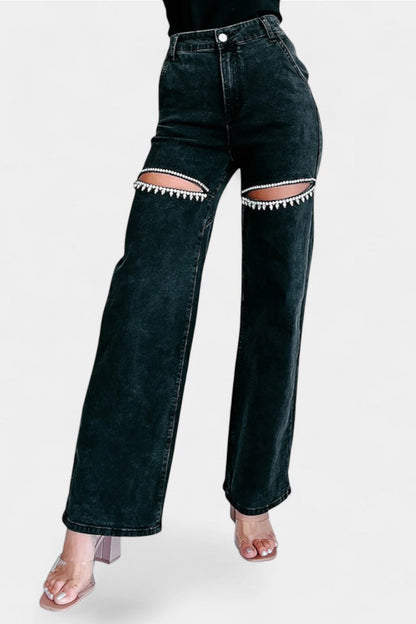 Evelyn Jeans Rectos Rasgados Con Rhinestones Desgastados