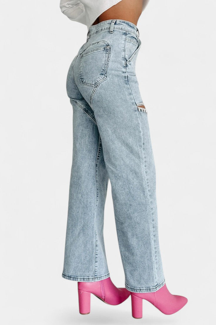 Evelyn Jeans Rectos Rasgados Con Rhinestones Desgastados