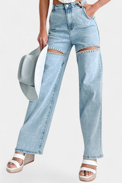 Evelyn Jeans Rectos Rasgados Con Rhinestones Desgastados