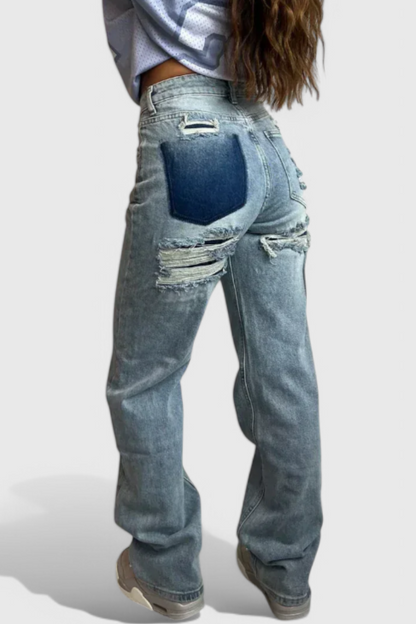 Roxie Jeans Cintura Alta Patchwork Trasero Desgastado