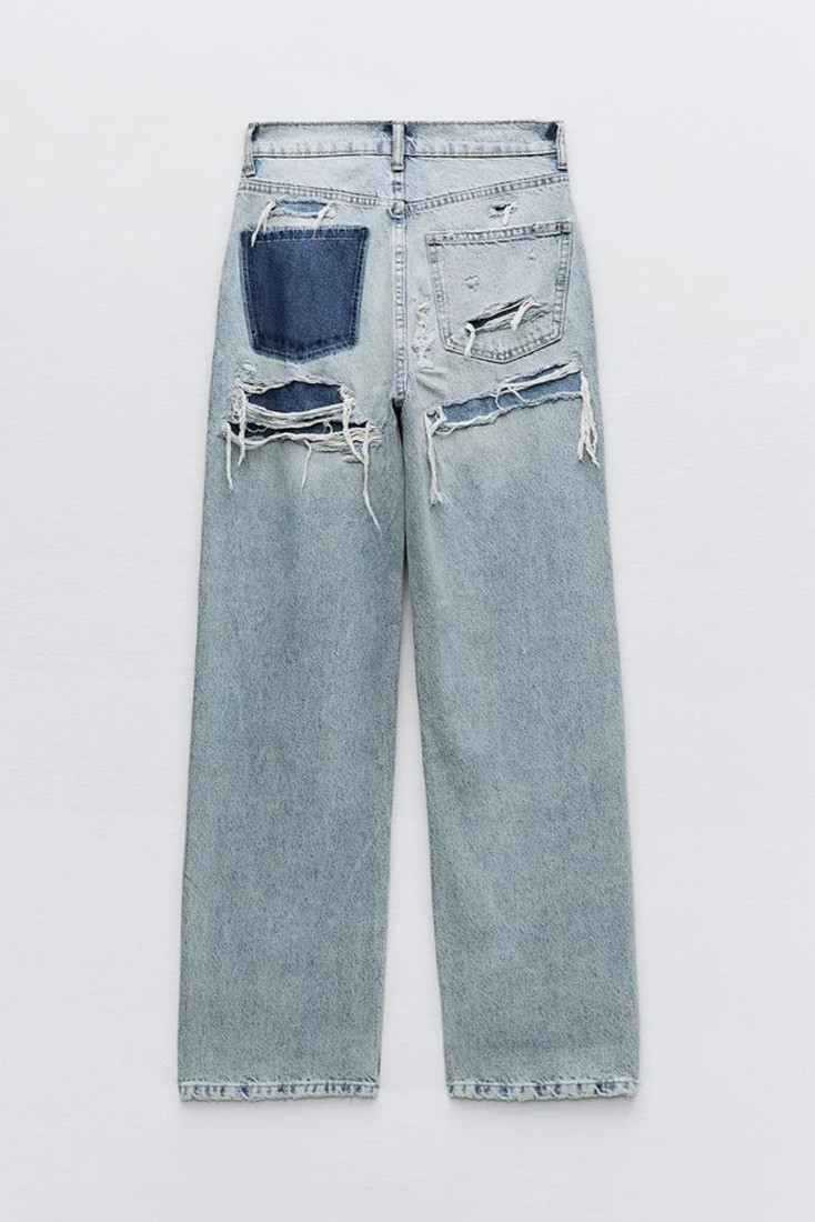 Roxie Jeans Cintura Alta Patchwork Trasero Desgastado