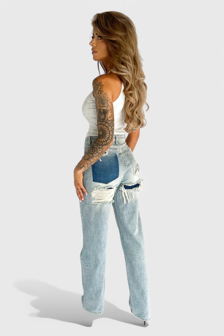 Roxie Jeans Cintura Alta Patchwork Trasero Desgastado