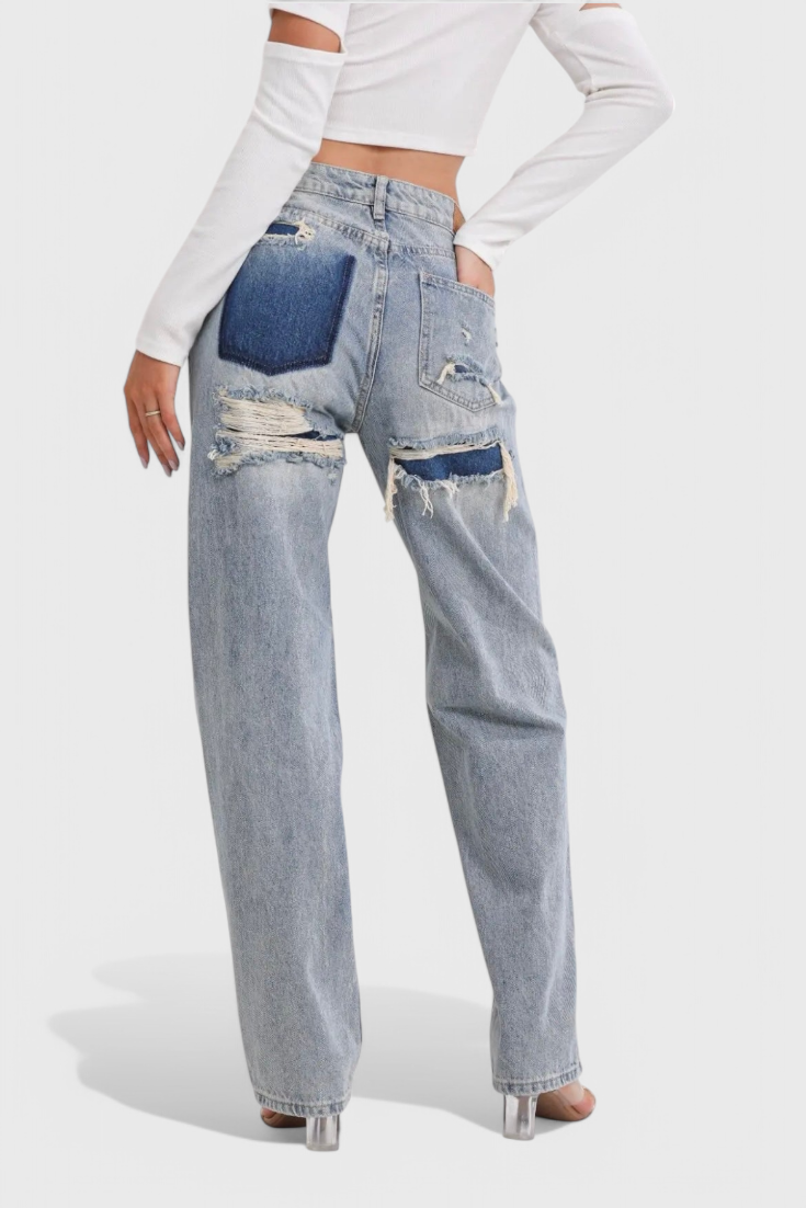 Roxie Jeans Cintura Alta Patchwork Trasero Desgastado