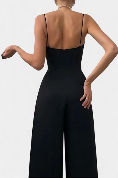 Romina Mono Elegante Tirantes Pierna Ancha Negro De Fiesta