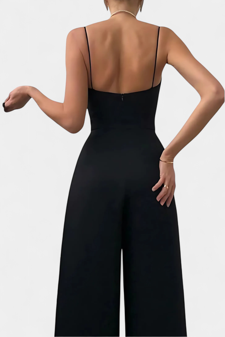 Romina Mono Elegante Tirantes Pierna Ancha Negro De Fiesta