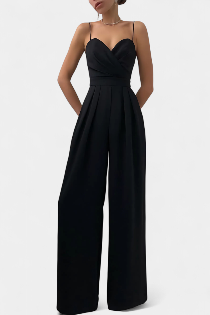 Romina Mono Elegante Tirantes Pierna Ancha Negro De Fiesta