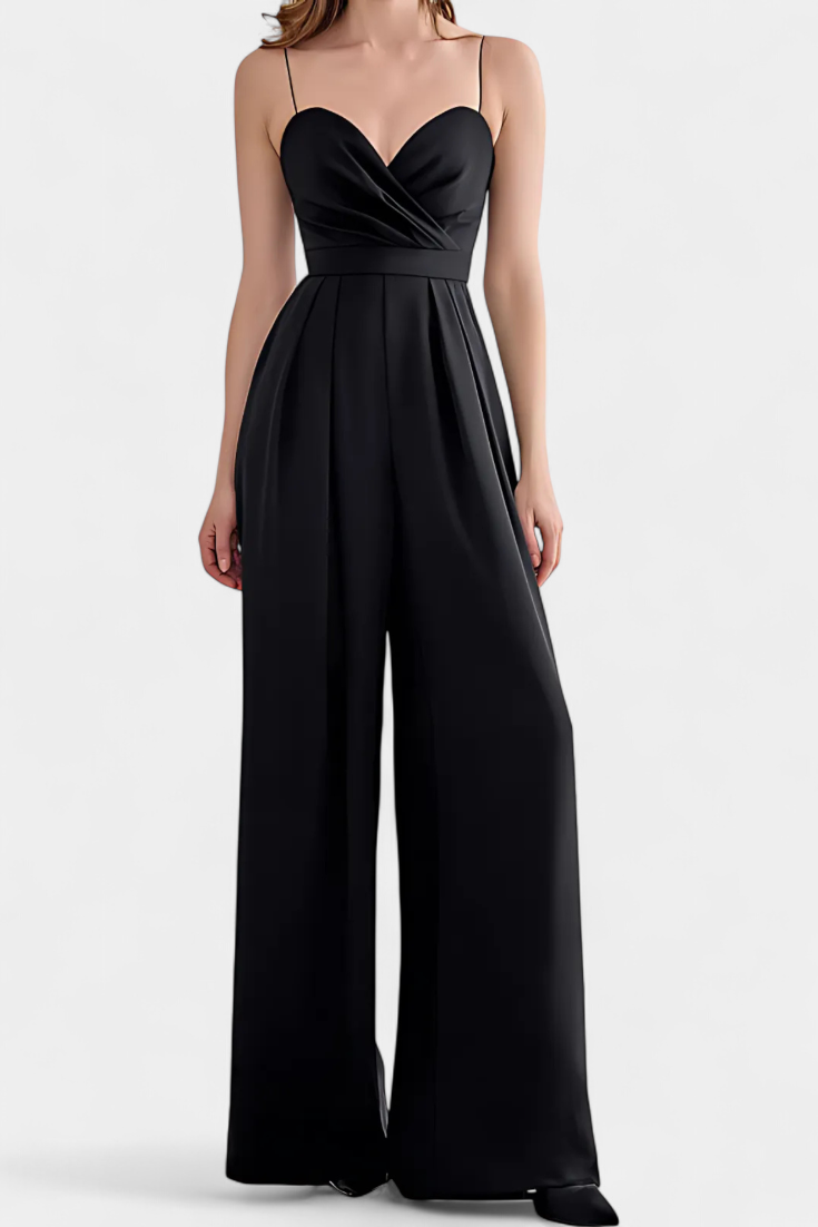 Romina Mono Elegante Tirantes Pierna Ancha Negro De Fiesta