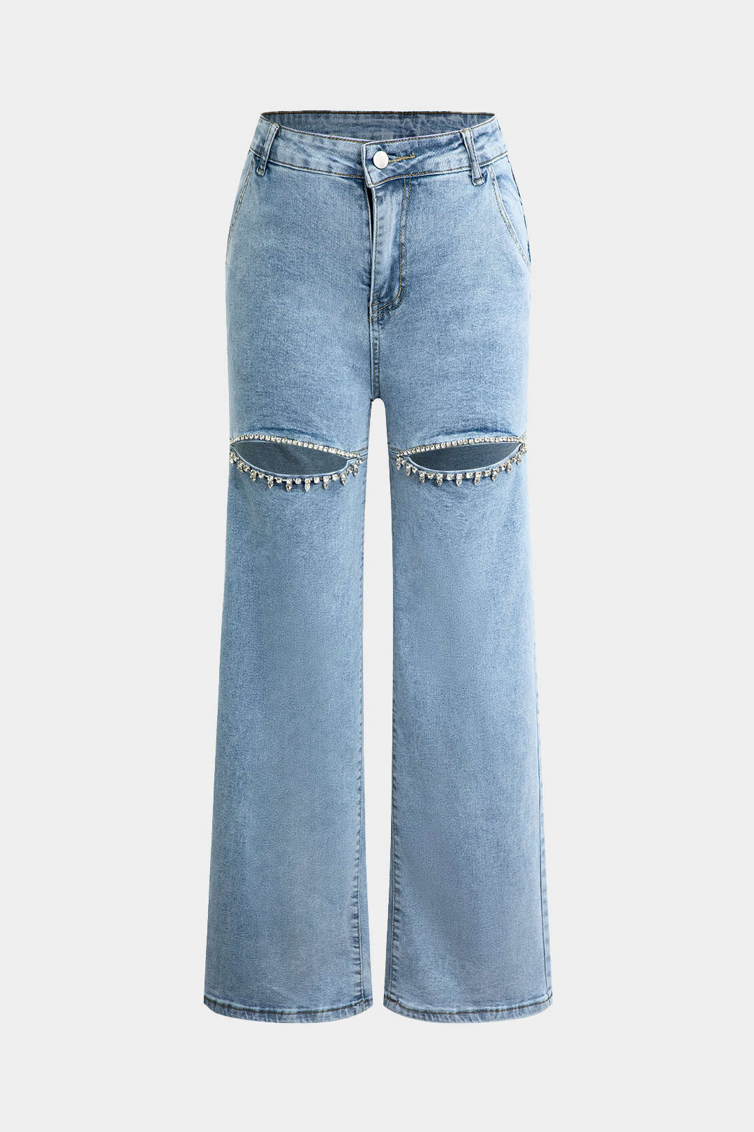 Evelyn Jeans Rectos Rasgados Con Rhinestones Desgastados