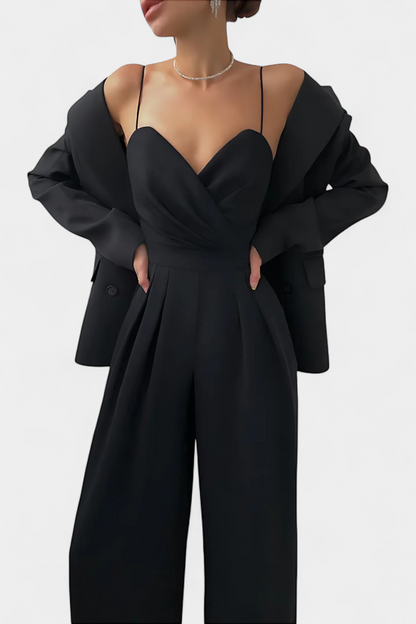 Romina Mono Elegante Tirantes Pierna Ancha Negro De Fiesta