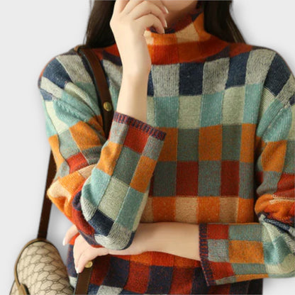 Eline Suéter Patchwork Cuello Alto Punto Femenina Casual