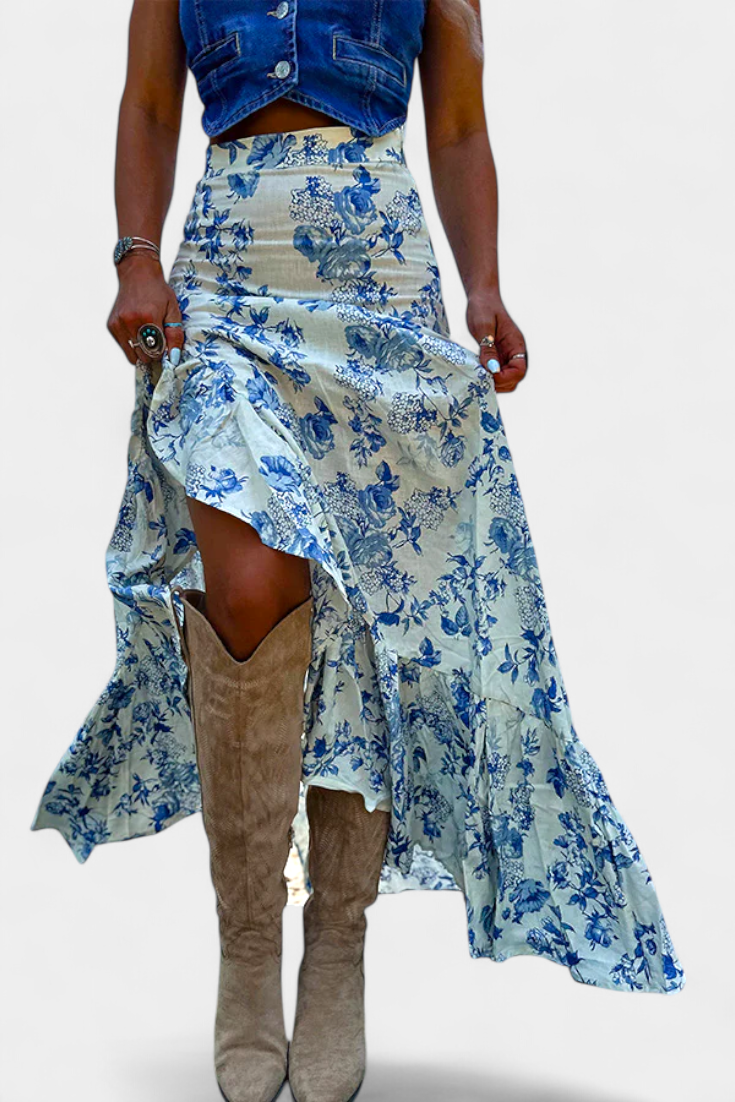 Luna Falda Maxi Floral Azul Con Abertura Y Volantes Estilo