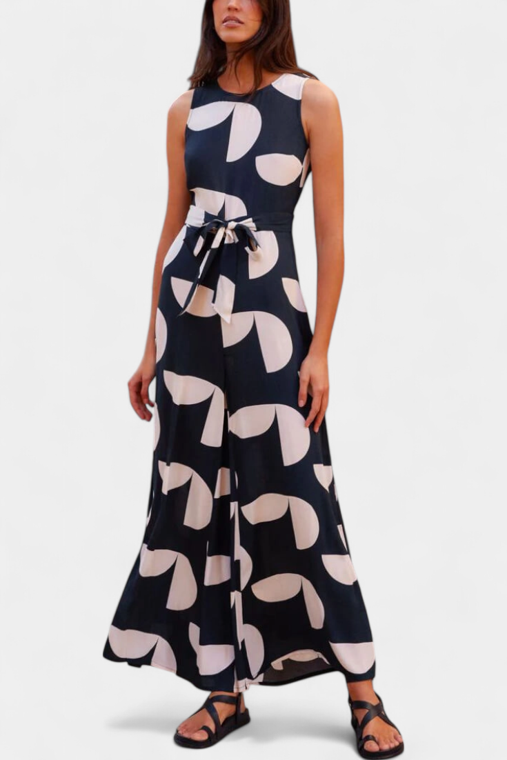 Mara Mono Geométrico Floral Cintura Ceñida Pierna Ancha
