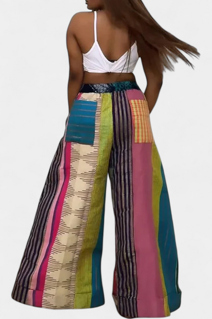 Marina Pantalones Anchos Rayas Algodón Suave Cordón Amarillo