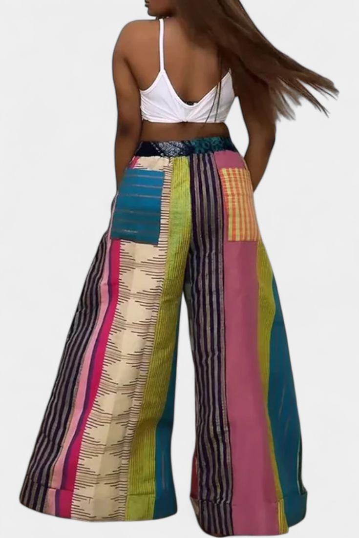 Marina Pantalones Anchos Rayas Algodón Suave Cordón Amarillo