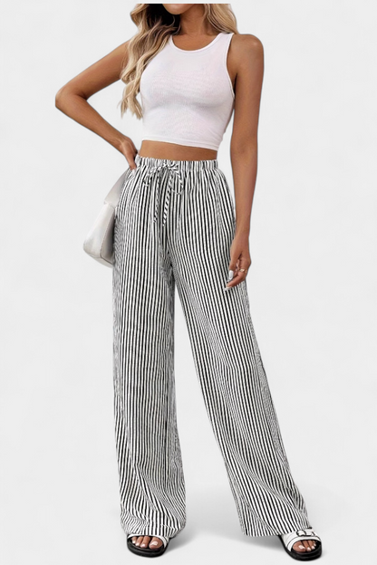 Sabina Pantalón Recto Con Cintura Ajustable Rayado Casual
