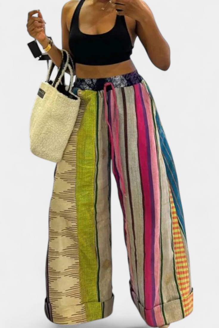 Marina Pantalones Anchos Rayas Algodón Suave Cordón Amarillo